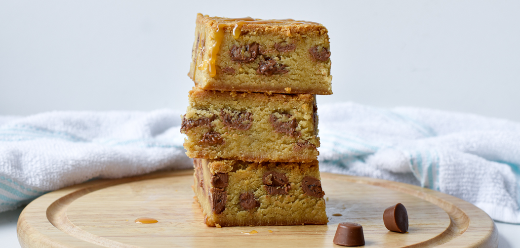Chocolate Caramel Cups Stuffed Blondies