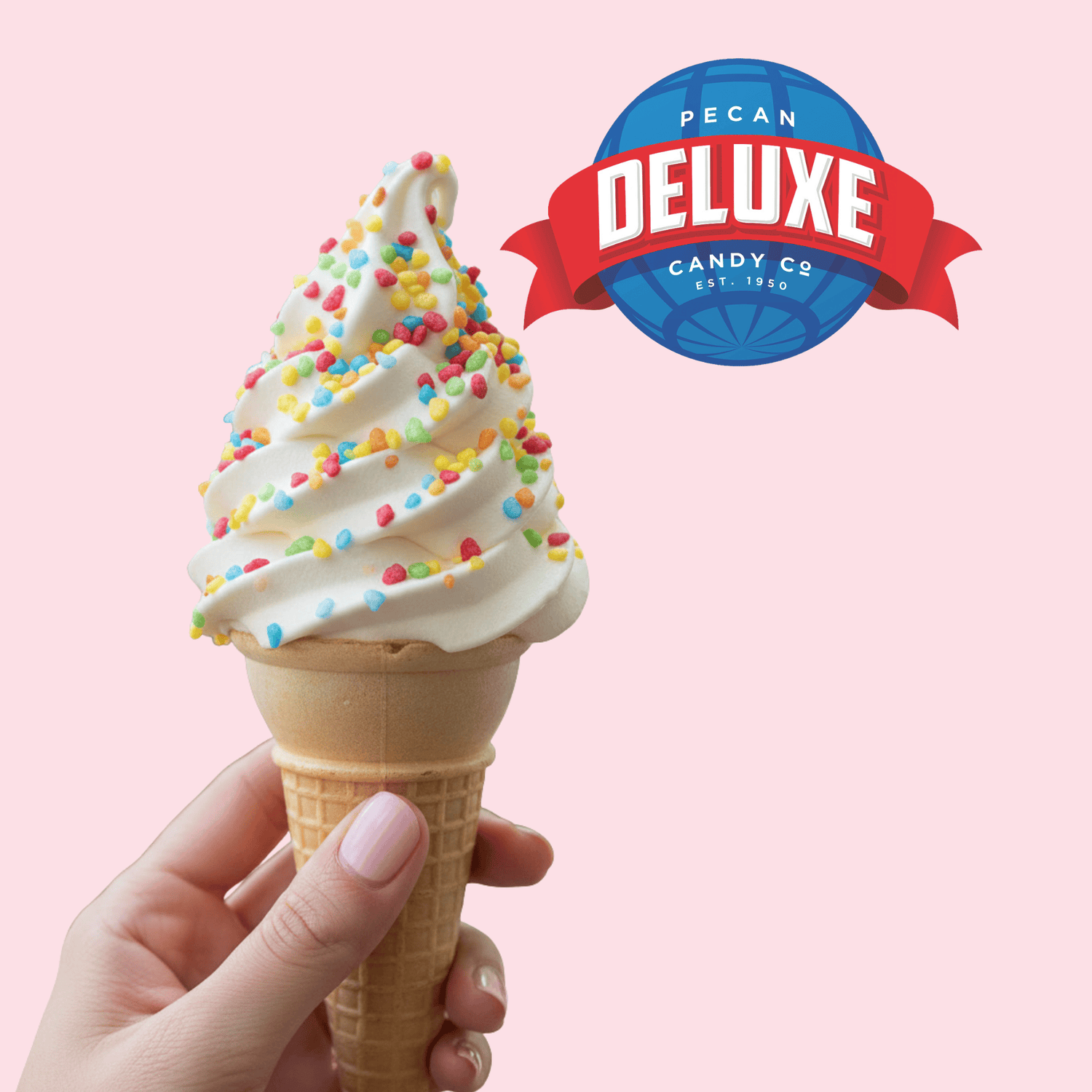 Ice cream cone with rainbow sprinkles on a pink background with the pecan deluxe logo on it