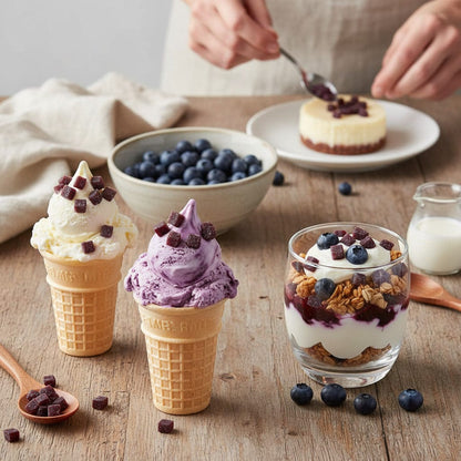 Dessert scene with ice cream cones, a bowl of blueberries, and a glass dessert on a wooden table.