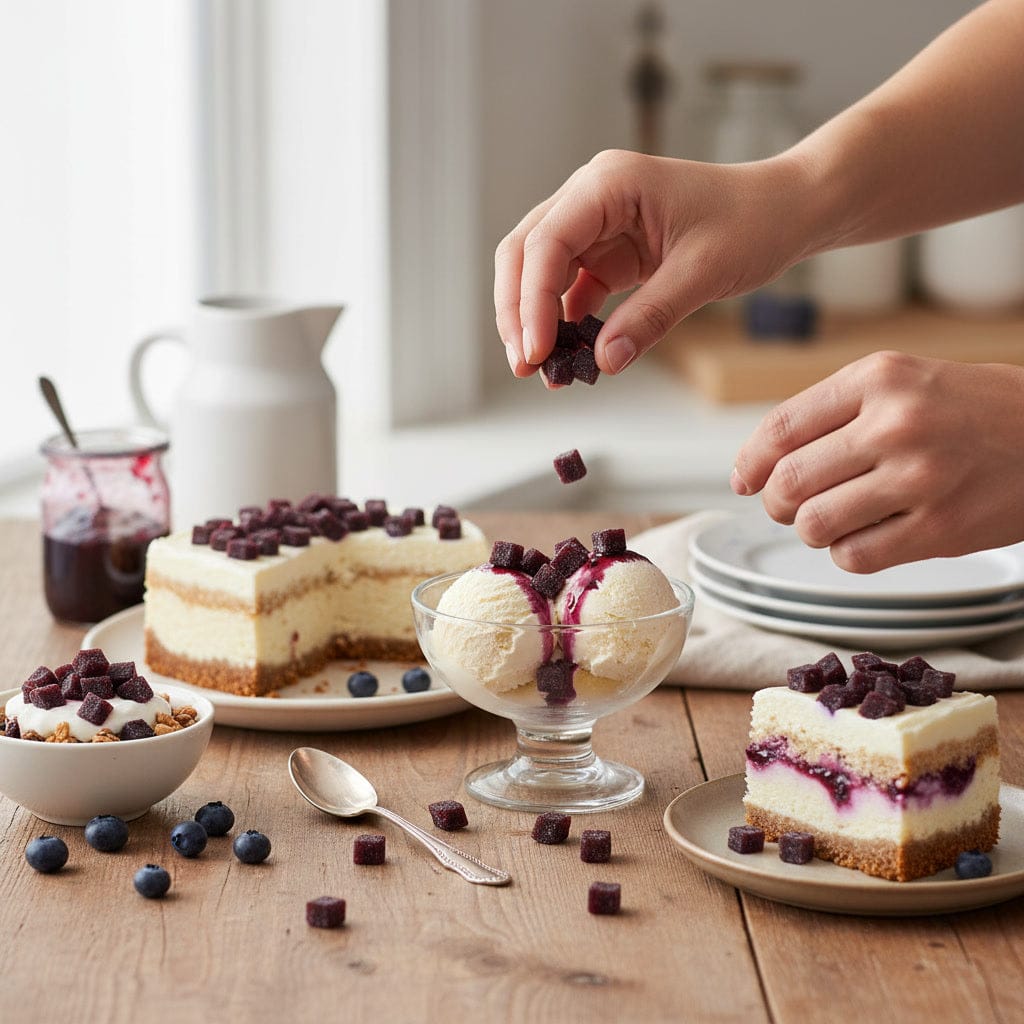 Person garnishing a dessert with blueberries on a wooden table.