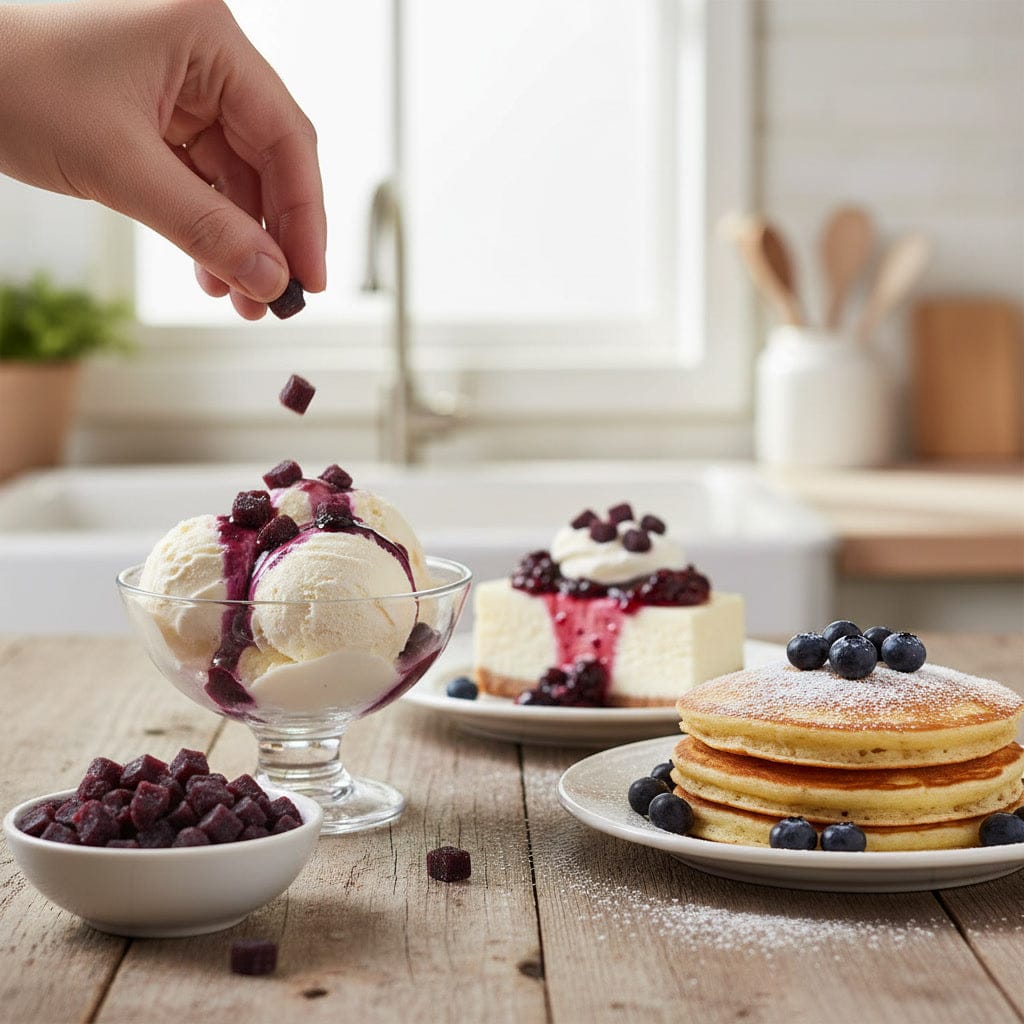 Hand sprinkling berries over ice cream with pancakes and a cake in the background on a wooden table.