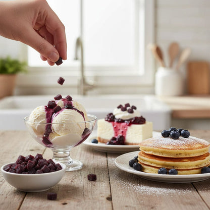 Hand sprinkling berries over ice cream with pancakes and a cake in the background on a wooden table.
